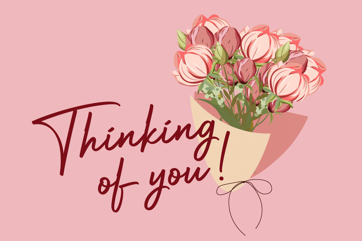 540×360-thinking13 Digital card showing a bouquet of pink flowers with green leaves wrapped in paper on a pink background. The text "Thinking of you!" is written in dark red cursive.